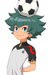 Rule 34 | 1boy, ball, blue eyes, blush stickers, chinese clothes, green hair, highres, inazuma eleven, inazuma eleven (series), inazuma eleven ares no tenbin, li hao, looking at viewer, male focus, on head, simple background, soccer ball, soccer uniform, solo, sportswear, telstar, white background, yamamiya hiroshi