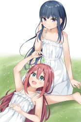 Rule 34 | 2girls, aged down, barefoot, blue eyes, blue hair, child, closed mouth, clover, dress, eyes visible through hair, grass, hair down, hair ornament, hand in own hair, hand on own stomach, hands on ground, highres, holding, kagamihara nadeshiko, keito4f, light blush, lying, multiple girls, on back, open mouth, pink hair, purple eyes, shima rin, sitting, sitting on lap, sitting on person, smile, twintails, white dress, yurucamp