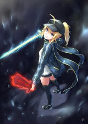 Rule 34 | 1girl, ahoge, artoria pendragon (all), artoria pendragon (fate), ass, black thighhighs, blonde hair, blouse, blue eyes, buruma, dual wielding, excalibur (fate/stay night), excalibur morgan (fate), fate/grand order, fate (series), glowing, glowing sword, glowing weapon, gym uniform, hair between eyes, hat, highres, holding, holding sword, holding weapon, jacket, legs apart, mysterious heroine x (fate), saber (fate), scarf, shirt, shoes, skirt, solo, standing, sword, tagme, thighhighs, weapon, white shirt, xsk (ruanmumu)