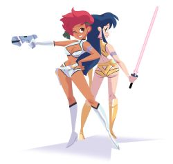 Rule 34 | 2girls, ass, back-to-back, blue hair, boots, breasts, brown eyes, cheesecakes by lynx, cleavage, cleavage cutout, clothing cutout, commentary, dark-skinned female, dark skin, dirty pair, energy sword, english commentary, female focus, full body, gun, highres, holding, holding gun, holding sword, holding weapon, kei (dirty pair), looking at viewer, looking back, medium breasts, multiple girls, navel, one eye closed, parted lips, red hair, short hair, smile, sword, weapon, white footwear, wide hips, wink, yellow footwear, yuri (dirty pair)