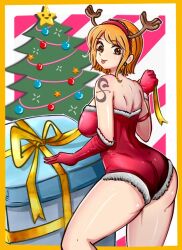 Rule 34 | 1girl, antlers, ass, christmas tree, elbow gloves, gloves, horns, leotard, mifenami, nami (one piece), one piece, orange hair, red gloves, red leotard, shoulder tattoo, tattoo, tongue, tongue out