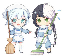 Rule 34 | 1boy, 1girl, apron, blue eyes, broom, cain7, chibi, flying sweatdrops, green eyes, long hair, multicolored hair, open mouth, pointing, short hair, silver hair, simple background, sweeping, two-tone hair, vocaloid, vocanese, white background, yanhe, yuezheng longya
