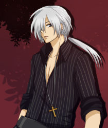 Rule 34 | 1boy, amakusa juuza, blue eyes, cross, hair over one eye, jewelry, long hair, male focus, necklace, open clothes, open shirt, ponytail, shirt, silver hair, sleeves rolled up, solo, uka (color noise), umineko no naku koro ni