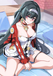 1girl astra_yao bare_legs barefoot black_hair blush bracelet breasts cleavage closed_mouth collarbone commentary_request dress earrings feet hair_ornament hairband hand_on_own_ankle indoors jacket jewelry konka large_breasts legs long_hair long_sleeves looking_at_viewer on_bed pendant red_eyes red_jacket red_shrug smile thighlet thighs toes very_long_hair white_dress white_hairband zenless_zone_zero