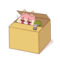 Rule 34 | 1girl, animal ear fluff, animal ears, blonde hair, box, fox ears, hair between eyes, highres, in box, in container, jitome, kemomimi-chan (naga u), long sleeves, looking at viewer, naga u, original, parody, peeking out, revision, simple background, sleeves past fingers, sleeves past wrists, solo, switch, useless machine, v-shaped eyebrows, white background