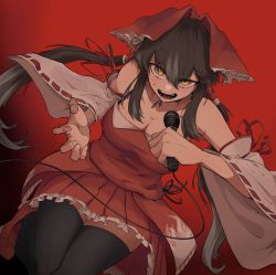 Rule 34 | 1girl, absurdres, black hair, black thighhighs, bow, breasts, cleavage, commentary request, cookie (touhou), detached sleeves, dress, frilled bow, frilled dress, frills, full body, hair between eyes, hair bow, hakurei reimu, highres, holding, holding microphone, large breasts, long hair, looking at viewer, microphone, odoro (nicoseiga81184094), open mouth, red background, red bow, red ribbon, ribbon, ribbon-trimmed sleeves, ribbon trim, sleeveless, sleeveless dress, solo, thighhighs, touhou, twintails, white sleeves, wide sleeves, yellow eyes, yuyusu (cookie)