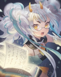 Rule 34 | 1girl, bead necklace, beads, book, breasts, commentary request, commission, curly hair, elbow gloves, glasses, gloves, green hair, green shirt, grey hair, hand up, highres, holding, horns, jewelry, long hair, looking at viewer, magical girl, medium breasts, multicolored hair, necklace, necktie, noir eku, open book, open mouth, original, ribbon, semi-rimless eyewear, shirt, skeb commission, sleeveless, solo, streaked hair, twintails, upper body, white gloves, yellow eyes, yellow horns