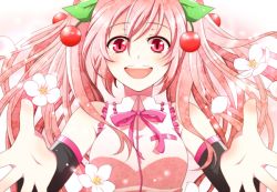 Rule 34 | 1girl, :d, bow, bowtie, cherry, cherry blossoms, colorized, detached sleeves, food, fruit, hatsune miku, korosuke (korosuke112), long hair, looking at viewer, name connection, object namesake, open mouth, pink hair, red eyes, sakura miku, smile, solo, vocaloid