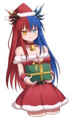 Rule 34 | 1girl, bell, belt, blue eyes, blue hair, blue horns, blush, box, breasts, bright pupils, choker, christmas, commission, commissioner upload, dragon girl, dragon horns, dress, female focus, gift, gift box, gift wrapping, hat, heterochromia, highres, holding, horns, inferna dragnis (xoldrek), large breasts, long hair, looking at viewer, monster girl, multicolored hair, multicolored horns, neck bell, pale skin, red hair, red horns, santa costume, santa hat, simple background, smile, solo, split-color hair, symbol-shaped pupils, two-tone hair, upper body, usagi1923, vambraces, white background, white pupils