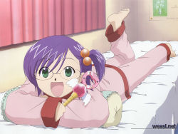 Rule 34 | 00s, 1girl, artist request, barefoot, bed, feet, female focus, full body, glasses, green eyes, hair bobbles, hair ornament, holding, holding wand, kirisato nanaka, looking at viewer, lying, nanaka 6/17, open mouth, pajamas, purple hair, short hair, smile, soles, solo, toes, wand