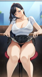 Rule 34 | 1girl, bikini, black bikini, black hair, blue eyes, blueorca, breasts, cleavage, closed mouth, clothes lift, collarbone, commentary, feet out of frame, head tilt, highleg, highleg bikini, highres, huge breasts, legs, lifting own clothes, long hair, looking at viewer, mole, mole on breast, mole under eye, navel, on stool, original, shirt, short sleeves, sitting, skirt, skirt lift, solo, swimsuit, swimsuit under clothes, thighs, white shirt