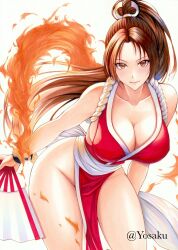 Rule 34 | 1girl, bare arms, bare legs, breasts, brown eyes, brown hair, cleavage, closed mouth, curvy, fatal fury, fire, folding fan, groin, hair intakes, hand fan, high ponytail, highres, japanese clothes, kimono, kunoichi, large breasts, lips, long hair, looking at viewer, pelvic curtain, plunging neckline, red kimono, sash, shiranui mai, side slit, sideboob, snk, solo, the king of fighters, thighs, traditional media, twitter username, wide hips, wrist cuffs, yosaku vs hina