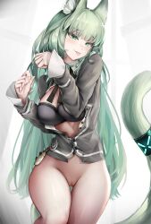 Rule 34 | 1girl, :p, absurdres, animal ear fluff, animal ears, arknights, black bra, bottomless, bra, breasts, breasts out, cardigan, cat ears, cat tail, commentary request, cowboy shot, green eyes, green hair, grey cardigan, harmonie (arknights), highres, infection monitor (arknights), large breasts, long hair, long sleeves, looking at viewer, nopetroto, open cardigan, open clothes, pussy, pussy juice, pussy juice drip, solo, tail, thighs, tongue, tongue out, uncensored, underwear, very long hair