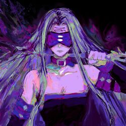 Rule 34 | 1girl, blindfold, choker, detached sleeves, facial mark, fate/stay night, fate (series), forehead mark, highres, long hair, medusa (fate), medusa (rider) (fate), nameless dagger (fate), purple choker, purple hair, purple theme, solo, upper body, user jrxf4874