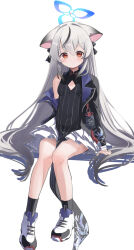 Rule 34 | 1girl, animal ears, black dress, black jacket, black socks, blue archive, breasts, brown eyes, china dress, chinese clothes, clothes between thighs, dress, grey hair, highres, jacket, kokona (blue archive), legs, long hair, looking at viewer, miniskirt, multicolored hair, namaonpa, off shoulder, shoes, sitting, skirt, sleeveless, sleeveless dress, small breasts, socks, solo, streaked hair, striped clothes, striped dress, thighs, tiger ears, tiger girl, vertical-striped clothes, vertical-striped dress, very long hair, white footwear, white skirt