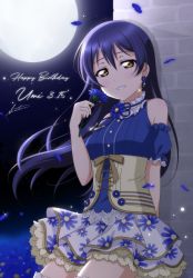 Rule 34 | 1girl, against wall, bare shoulders, blue hair, character name, commentary request, cowboy shot, dated, earrings, floral print, flower, full moon, hair between eyes, happy birthday, highres, holding, holding flower, jewelry, long hair, looking at viewer, love live!, love live! school idol project, moon, moonlight, night, night sky, open mouth, outdoors, shiratama (siratama ll), sky, smile, solo, sonoda umi, star (sky), thighhighs, yellow eyes