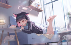 Rule 34 | 1girl, animal ears, doodle sensei (blue archive), barefoot, bingchuan xian yu huang, black choker, black hair, blue archive, cake, cat, choker, colored inner hair, couch, crossed ankles, eating, extra ears, feet up, food, full body, hair ornament, halo, highres, holding, indoors, kazusa (blue archive), long sleeves, lying, medium hair, miniskirt, multicolored hair, on couch, on stomach, pink hair, pleated skirt, sensei (blue archive), skirt, solo, stuffed animal, stuffed bird, stuffed toy, the pose, utensil in mouth