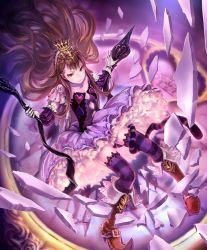 Rule 34 | 10s, 1girl, artist request, broken glass, brown hair, cat tail, crown, cygames, dark alice, detached sleeves, frilled skirt, frills, glass, gloves, hairband, long hair, official art, pointy footwear, shadowverse, shingeki no bahamut, shoes, skirt, striped clothes, striped thighhighs, tail, thighhighs, yellow eyes