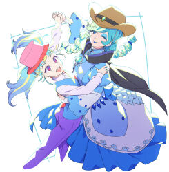 Rule 34 | 2girls, :d, blonde hair, blue dress, blue eyes, blue eyeshadow, blue hair, blue lips, blue vest, braid, brown headwear, collared shirt, cowboy hat, cropped legs, dancing, dress, eyeshadow, from above, hat, highres, holding hands, long hair, long sleeves, looking at viewer, looking up, makeup, mature female, multicolored hair, multiple girls, murakami hisashi, myamu, one eye closed, open mouth, pants, pink headwear, pretty series, puffy sleeves, purple eyes, purple pants, shirt, simple background, smile, standing, twin braids, twintails, two-tone hair, undine (pretty series), vest, waccha primagi!, white background, white shirt, wide sleeves