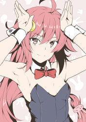 Rule 34 | 1girl, ahoge, black leotard, bow, bowtie, breasts, cherry blossoms, commentary request, crescent, crescent hair ornament, detached collar, hair ornament, highres, kantai collection, leotard, long hair, pink hair, playboy bunny, rabbit hair ornament, rabbit pose, red bow, red bowtie, red eyes, small breasts, smile, solo, strapless, strapless leotard, taira yuuki, upper body, uzuki (kancolle), wrist cuffs
