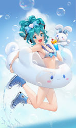 Rule 34 | &gt; o, 1girl, aqua eyes, aqua skirt, bare shoulders, bikini, blue footwear, bow, bracelet, breasts, bubble, cinnamiku, cinnamoroll, cleavage, converse, cup, ear bow, folded twintails, hatsune miku, high tops, highres, holding, holding swim ring, innertube, jewelry, jumping, mhk (mechamania), one eye closed, open mouth, sailor collar, sanrio, shoes, skirt, small breasts, smile, sneakers, swim ring, swimsuit, tropical drink, updo, vocaloid, water, white bikini