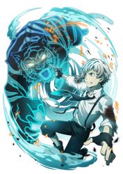 Rule 34 | 1boy, bad source, black gloves, black necktie, black pants, blood, blood on clothes, bungou stray dogs, fingerless gloves, fingernails, gloves, grey hair, gun, holding, holding gun, holding weapon, male focus, nakajima atsushi (bungou stray dogs), necktie, official art, pants, suspenders, teeth, tiger, transparent background, weapon, yellow eyes
