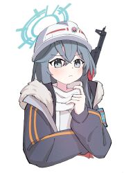 Rule 34 | 1girl, absurdres, akm, armband, assault rifle, blue archive, blue hair, closed mouth, cropped torso, fur-trimmed jacket, fur trim, grey eyes, grey jacket, gun, hair between eyes, halo, hard hat, helmet, highres, jacket, kalashnikov rifle, light blush, long sleeves, looking at viewer, minori (blue archive), morphling (artist), rifle, scarf, simple background, solo, upper body, weapon, weapon on back, white background, white helmet, white scarf