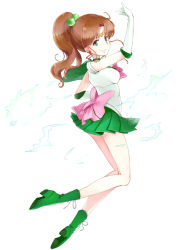 Rule 34 | 1990s (style), 1girl, bad id, bad pixiv id, bishoujo senshi sailor moon, boots, bow, brown hair, choker, dress, earrings, elbow gloves, full body, gloves, green dress, green eyes, green footwear, green skirt, hair bobbles, hair ornament, jewelry, kino makoto, long hair, magical girl, pink bow, pleated skirt, ponytail, sailor collar, sailor jupiter, shoes, skirt, smile, solo, tanaka (colorcorn), white background, white gloves
