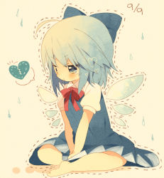 Rule 34 | 1girl, :t, bad id, bad pixiv id, barefoot, blue eyes, blue hair, bow, broken heart, chibi, cirno, dotted line, feet, hair bow, heart, indian style, matching hair/eyes, nochita shin, pout, short hair, sitting, solo, tears, touhou, v arms, water drop, wings