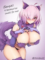 Rule 34 | 1girl, animal ears, blush, breasts, cat ears, cat tail, fate/grand order, fate (series), gloves, hair between eyes, hair over one eye, highres, huge breasts, large breasts, looking at viewer, mash kyrielight, md5 mismatch, messy hair, navel, purple eyes, purple hair, self-upload, simple background, solo, soveno, stomach, tail, thick thighs, thighs