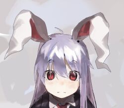 Rule 34 | 1girl, ahoge, closed mouth, commentary, commeowdore, english commentary, expressionless, grey background, hair between eyes, jacket, light blush, long hair, looking at viewer, necktie, purple hair, red eyes, reisen udongein inaba, simple background, solo, textless version, touhou, upper body, white background, wing collar