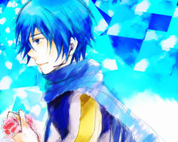 Rule 34 | 1boy, ataru (7noise), bad id, bad pixiv id, blue eyes, blue hair, expressionless, flower, holding, kaito (vocaloid), male focus, matching hair/eyes, profile, rose, sketch, solo, vocaloid