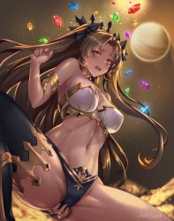 Rule 34 | 1girl, arm behind back, armlet, armpit crease, backlighting, bare shoulders, between legs, bikini, black bikini, black ribbon, black thighhighs, blush, breasts, bridal gauntlets, brown hair, cameltoe, cleavage, collar, fate/grand order, fate (series), female masturbation, gem, hair ribbon, hand between legs, highres, ishtar (fate), large breasts, long hair, looking down, mad kimo, masturbation, masturbation through clothes, mismatched bikini, navel, open mouth, parted bangs, planet, red eyes, revision, ribbon, signature, single thighhigh, solo, spread legs, stomach, swimsuit, teeth, thighhighs, thighlet, two side up, upper teeth only, venus (planet), white bikini