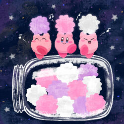 Rule 34 | candy, closed eyes, closed mouth, food, food focus, happy, highres, holding, holding candy, holding food, jar, kirby, kirby (series), konpeitou, miclot, music, night, night sky, nintendo, no humans, open mouth, singing, sky, smile, star (symbol)