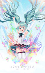 Rule 34 | 00s, 1girl, :o, abstract background, aqua eyes, aqua hair, armpits, arms up, bare shoulders, beamed eighth notes, beamed sixteenth notes, black skirt, blue background, blush, boots, bouquet, breasts, collarbone, commentary request, detached sleeves, eighth note, fingernails, floating hair, flower, full body, green nails, hair between eyes, hair ornament, happy birthday, hatsune miku, highres, jumping, knees together feet apart, long hair, long sleeves, looking at viewer, magical mirai (vocaloid), magical mirai miku, magical mirai miku (2017), matching hair/eyes, musical note, nail polish, navel, open mouth, outstretched arms, plaid, pleated skirt, puririn, quarter note, round teeth, shirt, skirt, sleeveless, sleeveless shirt, sleeves past wrists, small breasts, solo, teeth, thigh boots, thigh gap, thighhighs, twintails, upper teeth only, very long hair, vocaloid, white footwear, white shirt, white thighhighs