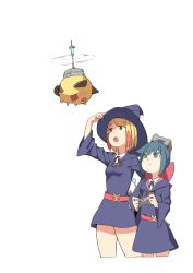 Rule 34 | 2girls, absurdres, bad id, bad twitter id, belt, blonde hair, blue dress, blue hair, blue hat, blush, bow, cloba, constanze amalie von braunschbank-albrechtsberger, controller, creature, cropped legs, crossover, dress, flower, green eyes, hair bow, hair flower, hair ornament, hat, highres, inactive account, little witch academia, long sleeves, looking up, luna nova school uniform, multiple girls, open mouth, original, pink flower, red bow, remote control, school uniform, simple background, stanbot (little witch academia), white background, wide sleeves, witch, witch hat, yellow eyes