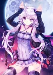 Rule 34 | 1girl, ahoge, animal hood, arms up, bad id, bad pixiv id, blush, closed mouth, collarbone, contrapposto, criss-cross halter, dress, full moon, hair ornament, hair tubes, hairpin, halterneck, highres, hood, hood down, hoodie, long hair, long sleeves, looking at viewer, low twintails, moon, open clothes, open hoodie, pink hair, purple eyes, rabbit hood, short dress, simple background, sleeves past wrists, smile, solo, sparkle, standing, striped clothes, striped thighhighs, takepon1123, thighhighs, thighs, twintails, vertical-striped clothes, vertical-striped thighhighs, very long hair, vocaloid, voiceroid, yuzuki yukari, zettai ryouiki