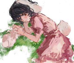 Rule 34 | 1girl, animal ears, b nosk101, black hair, blush, closed mouth, dress, floppy ears, grass, inaba tewi, looking at animal, lying, on grass, on side, painterly, pink dress, puffy short sleeves, puffy sleeves, rabbit, rabbit ears, rabbit girl, rabbit tail, red eyes, short hair, short sleeves, sketch, smile, solo, tail, touhou, white background