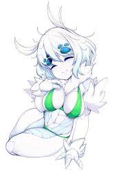 Rule 34 | bikini, breasts, closed eyes, closed mouth, colored skin, commentary, commentary request, english commentary, full body, fur, green bikini, highres, large breasts, looking at viewer, monster girl, original, scleriteaeaeaggadah, short hair, simple background, sitting, slugbox, smile, solo, swimsuit, thighs, white background, white hair, white skin