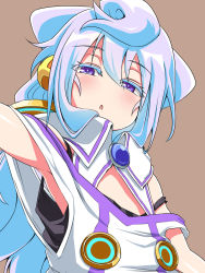 Rule 34 | 10s, 1boy, :&lt;, bad id, bad pixiv id, blue hair, brown background, colored eyelashes, galerie, hacka doll, hacka doll 3, highres, long hair, male focus, purple eyes, simple background, solo, strap slip, trap, triangle mouth