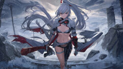 Rule 34 | 1girl, absurdres, asymmetrical pants, black pants, blue eyes, breasts, cc xiaotintin, floating hair, goggles, goggles around neck, grey hair, heterochromia, highres, long hair, looking at viewer, lucia: crimson abyss (punishing: gray raven), navel, outdoors, pants, ponytail, power lines, punishing: gray raven, red eyes, revealing clothes, scenery, small breasts, snow, solo, thigh strap, utility pole, very long hair