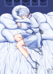 Rule 34 | 1girl, absurdres, bed, bed sheet, dress, closed eyes, from above, from side, full body, hair ornament, highres, indoors, logo, long hair, long legs, long sleeves, on bed, pillow, ponytail, ribbon, rwby, scar, signature, sleeping, snowflakes, socks, solo, tabi, weiss schnee, white hair, white socks, window, zerg309