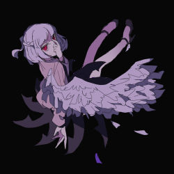 Rule 34 | 1girl, black background, black footwear, braid, busujima (kusahana), commentary request, covering own mouth, feathered wings, fingernails, french braid, full body, hand up, high heels, highres, kishin sagume, long fingernails, looking at viewer, looking back, one-hour drawing challenge, red eyes, short hair, simple background, single wing, solo, touhou, wings
