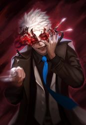Rule 34 | 1boy, bad id, bad twitter id, blood, blood on face, blood on hands, blue necktie, cyphers, fingernails, formal, glowing, glowing eye, holding, holding knife, jack the ripper, knife, kogseu, male focus, necktie, one eye closed, parted lips, red eyes, red scarf, scalpel, scarf, smile, solo, speed lines, suit, white hair