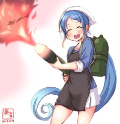 Rule 34 | 1girl, ^ ^, alternate costume, apron, artist logo, black apron, blouse, blue hair, blue shirt, closed eyes, dated, fire, fish, fire, flamethrower, gradient hair, head scarf, highres, holding, kanon (kurogane knights), kantai collection, long hair, looking at viewer, multicolored hair, open mouth, samidare (kancolle), saury, shirt, signature, simple background, smile, solo, very long hair, weapon, white background, white shirt
