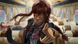 Rule 34 | black jacket, blood, blood on clothes, blood on face, braid, chainsaw man, commentary, english commentary, finger gun, grey shirt, highres, interior, jacket, looking at viewer, makima (chainsaw man), neid art, red hair, ringed eyes, shirt, train interior, yellow eyes