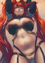 Rule 34 | 1girl, black garter straps, black horns, black sleeves, blue eyes, borrowed character, breasts, commentary, detached collar, detached sleeves, english commentary, frilled sleeves, frills, from below, garter straps, gift art, hair intakes, hands in hair, highres, horns, huge breasts, long hair, multi-strapped panties, nat the lich, navel, nose, one eye closed, original, red hair, solo, thigh gap, tsunoko, twintails, underbust, very long hair