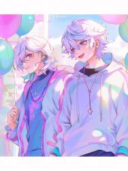 2boys balloon black_shirt blue_hair brothers colored_inner_hair ear_piercing earrings hewuahua highres hood hood_down hoodie jacket jewelry light_blue_hair light_purple_hair long_sleeves male_focus multicolored_hair multiple_boys multiple_earrings necklace open_mouth paradox_live piercing purple_eyes purple_shirt shirt siblings smile stud_earrings teeth twins twitter_username white_hoodie yatonokami_kanata yatonokami_nayuta