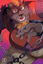 Rule 34 | 1boy, bara, barguest (housamo), brown vest, chain, chest hair, cross, cross necklace, fingernails, furry, furry male, grey pants, highres, jewelry, looking at viewer, male focus, necklace, open mouth, orange hair, pants, red background, red eyes, scar, scar on face, shirt, solo, striped clothes, striped shirt, sumi wo hakuneko, teeth, tokyo houkago summoners, vest