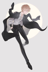 Rule 34 | 1boy, bad id, bad pixiv id, black jacket, black pants, blonde hair, cross-laced clothes, full body, grey background, hands in pockets, highres, jacket, jacket on shoulders, looking to the side, original, pants, shirt, solo, tsuki-shigure, white shirt, yellow eyes